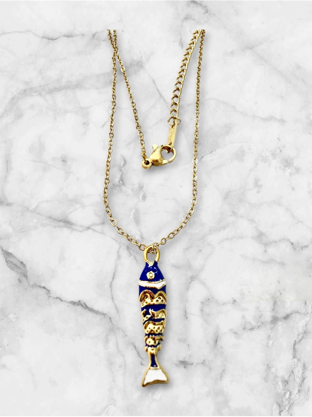NWOT Blue and Gold Fish Pendant Necklace - 18”  Gold plated stainless steel